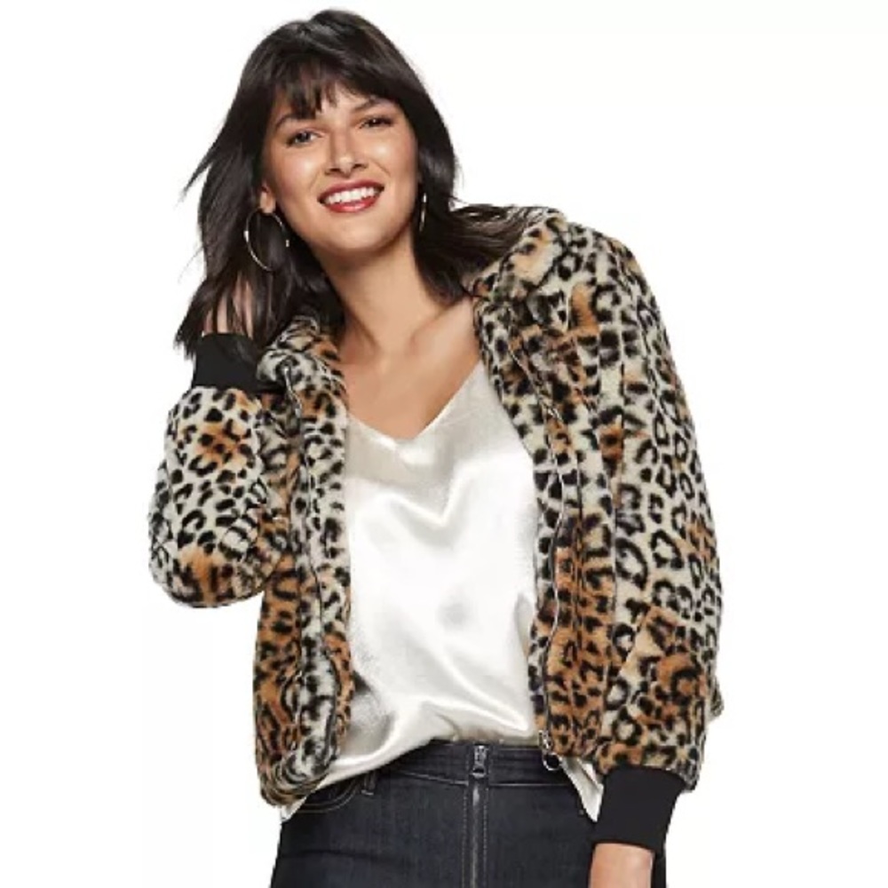 Nine West Faux-Fur Leopard Bomber Jacket XS